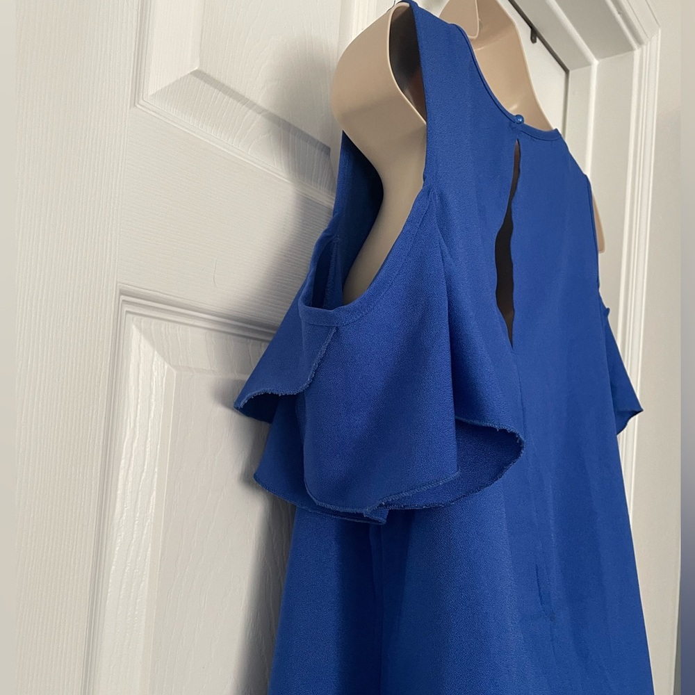 Blue Ruffle Cold Shoulder Dress - Picture 2 of 3